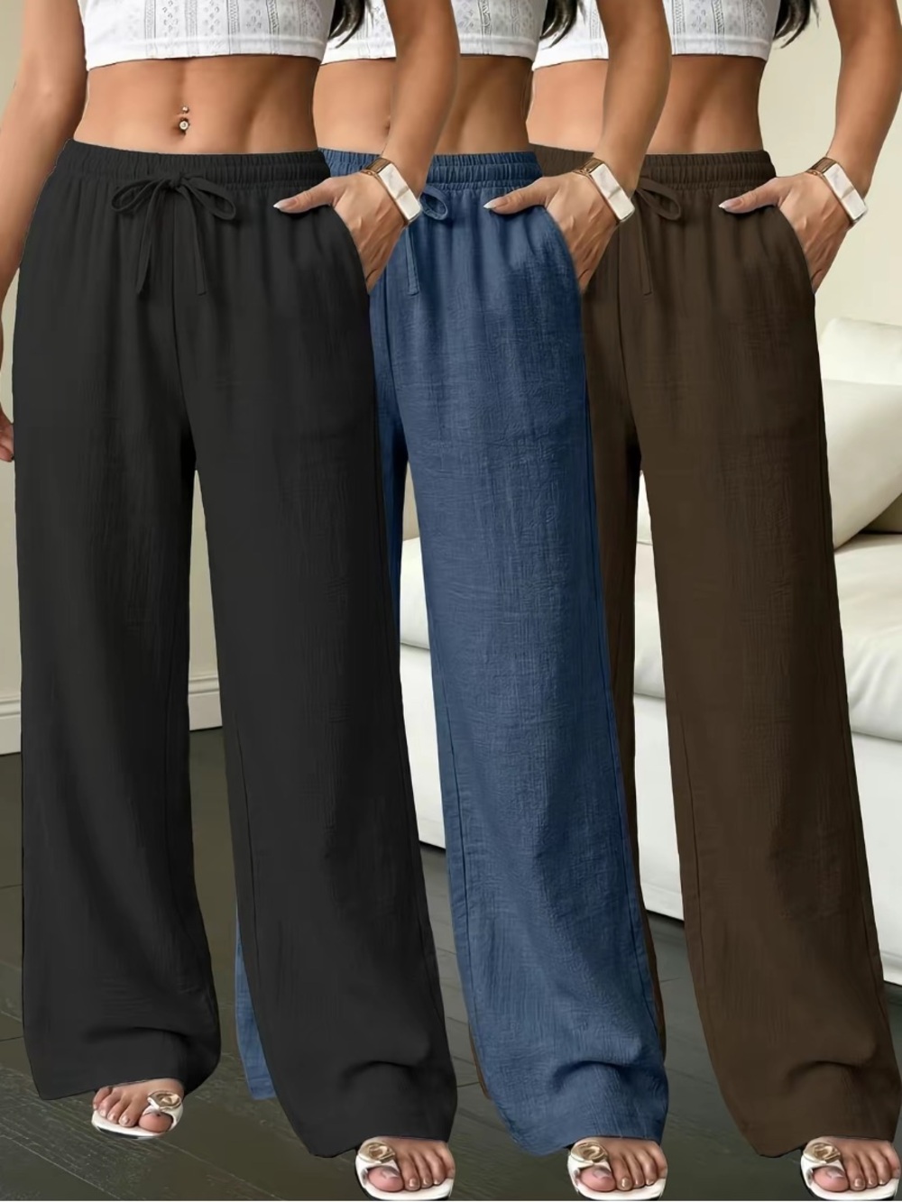 3 Pack! Wide Leg Drawstring Lounge Pants - Black, Blue, Brown